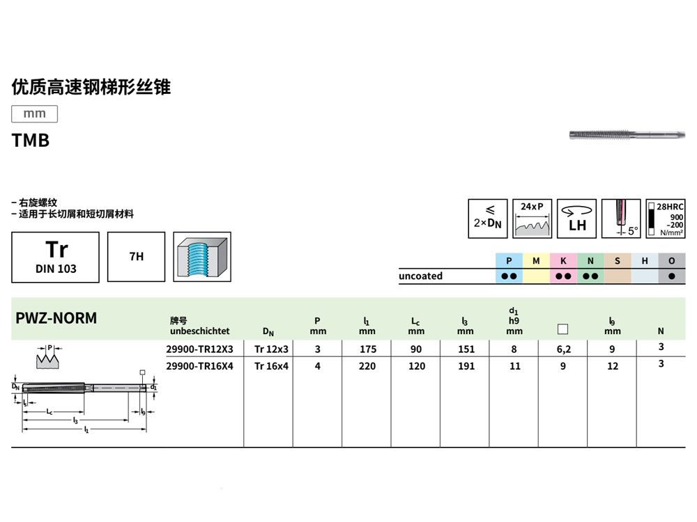 通孔左旋高速钢梯形丝锥2990