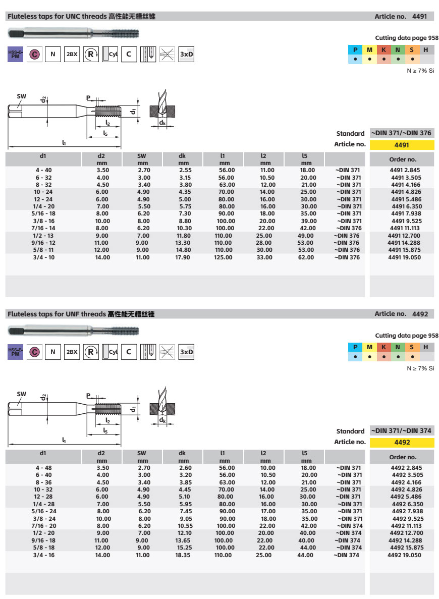 高性能无屑挤压丝锥4491,4492
